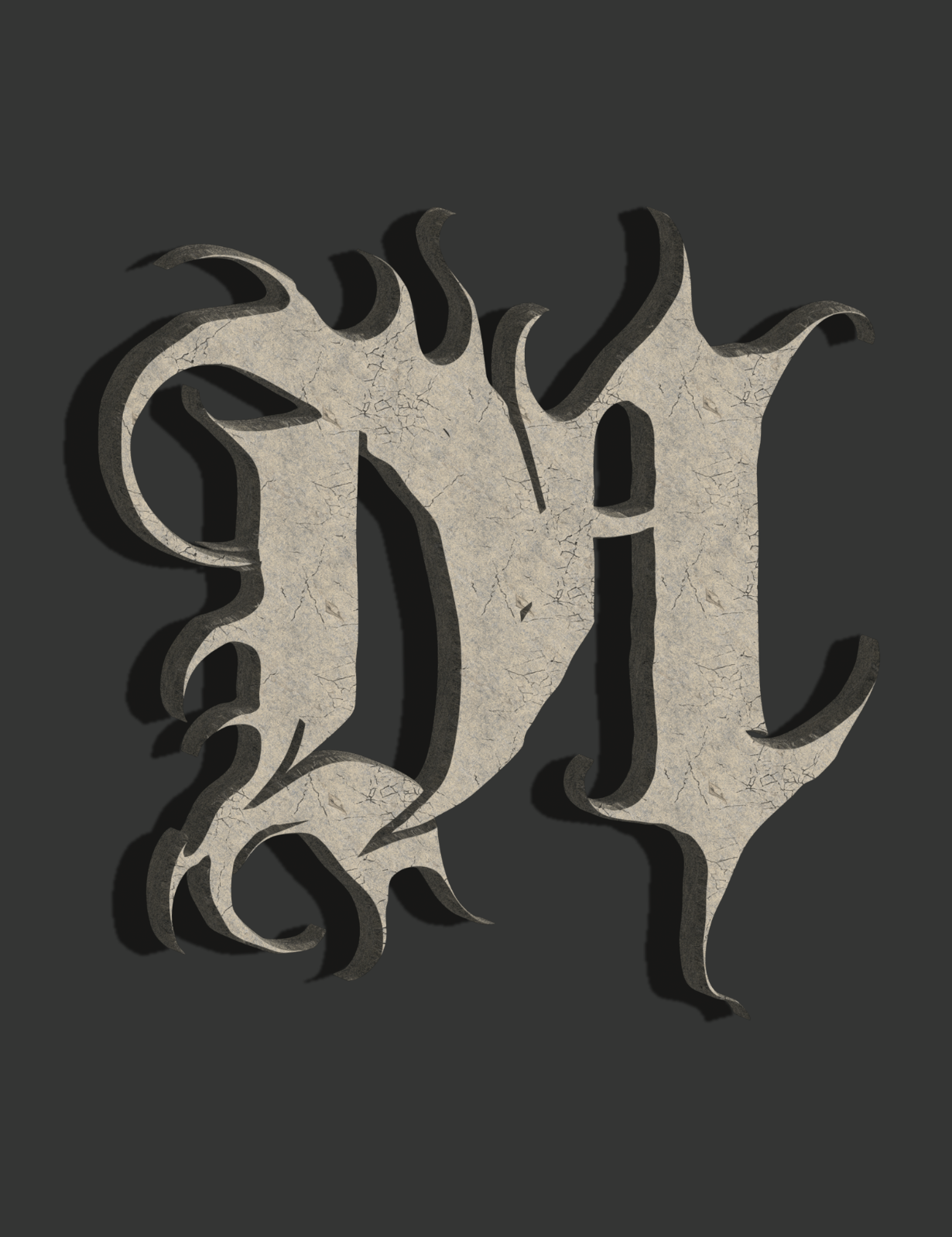 3D rocky monogram of the letters DM